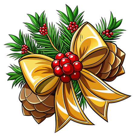 Gold bow with christmas flower. pine cone and berries isolated on transparent background. AI generated. Vector iconのイラスト素材