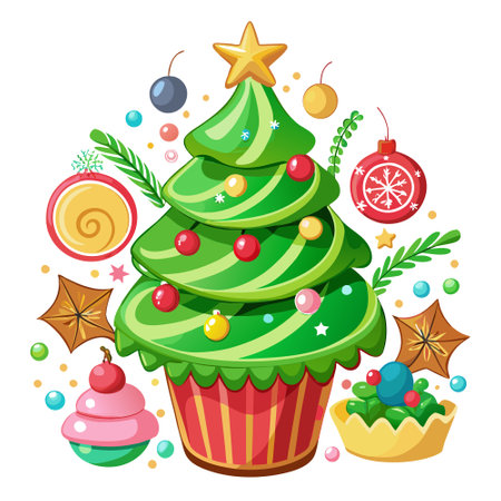 Green christmas tree shaped cupcake and christmas decoration. . AI generated. Vector iconのイラスト素材