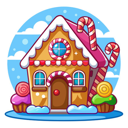 Gingerbread christmas house with colorful candy isolated on light blue background. copy space. AI generated. Vector iconのイラスト素材