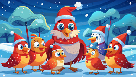 Funny Christmas birds wearing adorable little red hats. coming together in the midst of a snowfall.. AI generated. Vector iconのイラスト素材