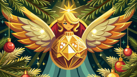 Gold and crystal angel christmas ornament bauble decoration close up hanging in tree. AI generated. Vector iconのイラスト素材