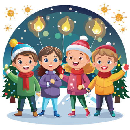 Happy children with sparklers over christmas lights background. winter holidays . AI generated. Vector iconのイラスト素材