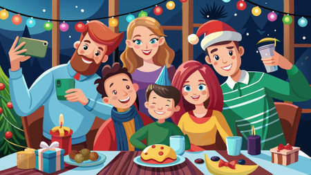 Happy people take family selfie photo together during Christmas dinner. AI generated. Vector iconのイラスト素材