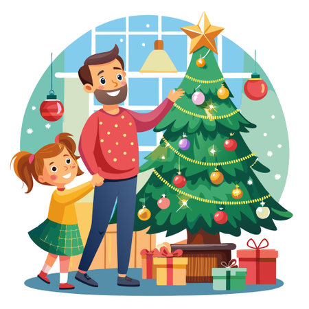 Happy father and little daughter decorating christmas tree together at home. AI generated. Vector iconのイラスト素材