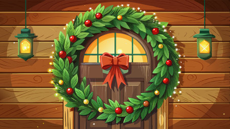 Homemade Christmas wreath hanging on a rustic wooden door. emphasizing holiday welcome.. AI generated. Vector iconのイラスト素材