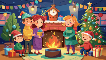 Illustration of a family celebrating Christmas by the fireplace.. AI generated. Vector iconのイラスト素材
