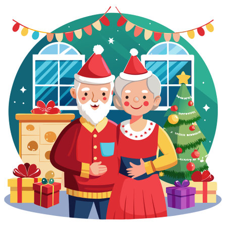 Images of happy senior couple wearing red cone caps while celebrating Christmas together at home. AI generated. Vector iconのイラスト素材