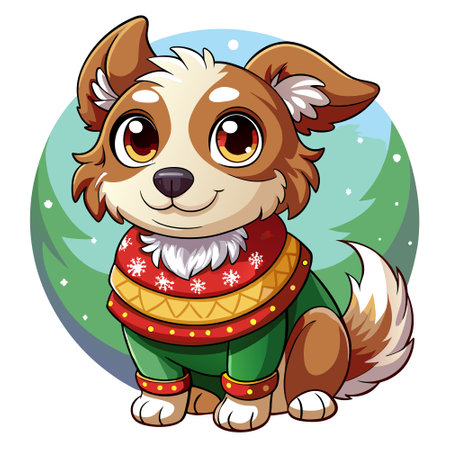 Midjourney ai illustration of a cute puppy wearing a christmas jumper. AI generated. Vector iconのイラスト素材