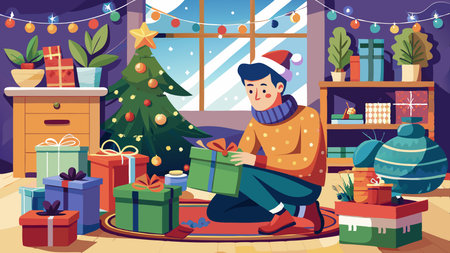 Man packing a bunch of Christmas gifts in decorated living room. Xmas spirit idea. AI generated. Vector iconのイラスト素材