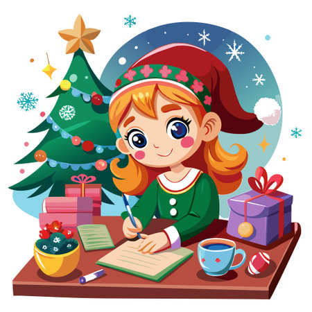 Little girl writing a letter to Santa Claus. christmas wishes. AI generated. Vector iconのイラスト素材