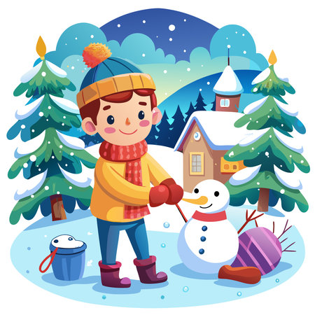 On a cold winter day. a little boy is playing in the snow. building a snowman. AI generated. Vector iconのイラスト素材