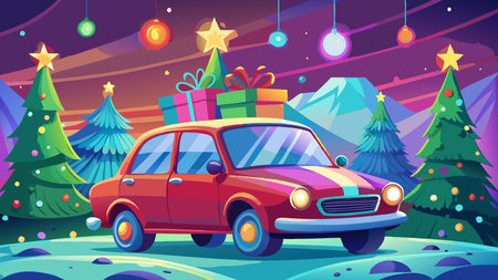 Retro toy car with a Christmas tree on the roof. Christmas background. holiday card. . AI generated. Vector iconのイラスト素材