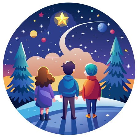 Silhouette of back view children who looking on the christmas beautiful night sky full of stars. AI...