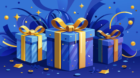 Three Christmas blue gift boxes with gold bows and confetti.. AI generated. Vector iconのイラスト素材