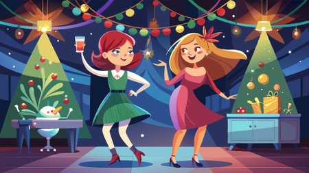 Two girls dancing and drinking in a nightclub on Christmas holidays. AI generated. Vector iconのイラスト素材