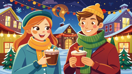 Two young cheerful people drinking mulled wine at the christmas market on a winter vacation. AI generated. Vector iconのイラスト素材