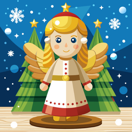 Wood figurine of an christmas angel in front of an bokeh background with a christmas tree. . AI generated. Vector iconのイラスト素材