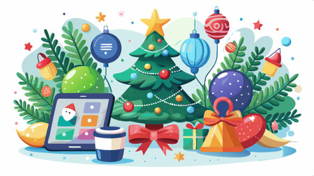 Watercolor christmas illustration with fir tree and balls. happy new year. With technology. AI generated. Vector iconのイラスト素材