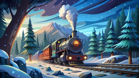 Old steam locomotive driving at night through a dreamlike snowy forest at Christmas time. . AI...