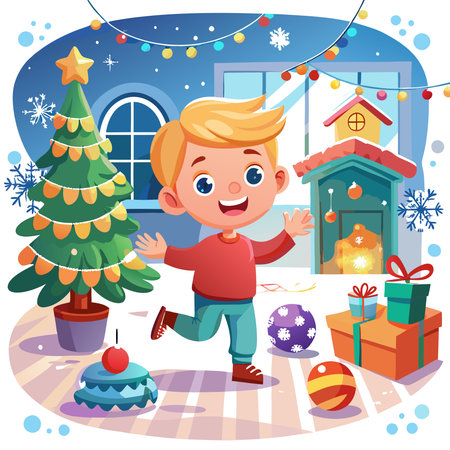 Happy kid playing at home in christmas and new year 2024 holiday comeliness. AI generated. Vector iconのイラスト素材