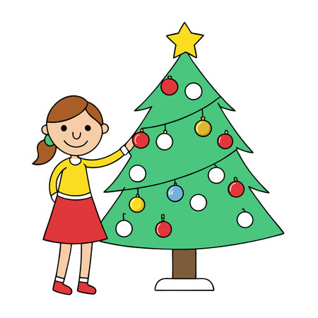 A happy girl decorating a large festive Christmas tree with bauble decorations. AI generated. Vector iconのイラスト素材