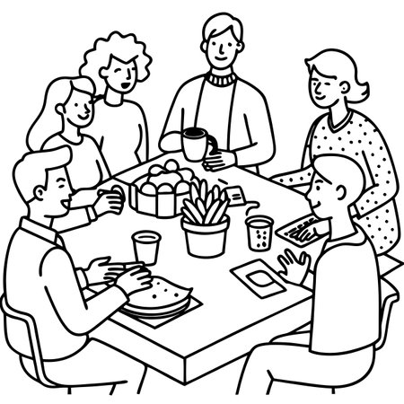 A group of people sitting around a table with food created with technology. AI generated. Vector iconのイラスト素材