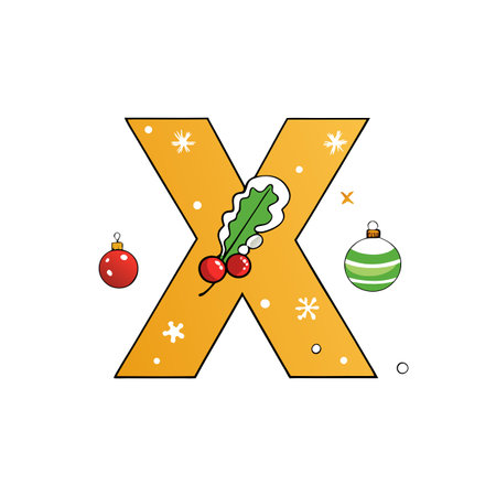 Capital letter X christmas card with christmas decoration. gold snow background. logo. AI generated. Vector iconのイラスト素材