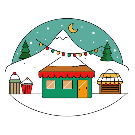 Christmas in the Ore mountains. Christmas market and shopping concept. Fairy lights and snow. . AI generated. Vector iconのイラスト素材