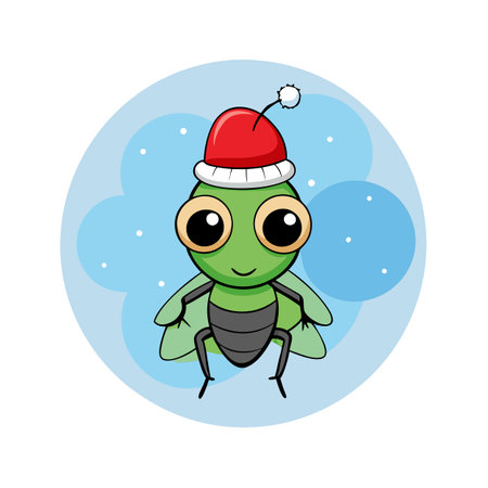 Cute insect with christmas hat. Cute insect in Santa Claus hat on bokeh background. . AI generated. Vector iconのイラスト素材
