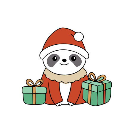 Cute card for Christmas with a little sloth and gifts. Fancy watercolor drawing. AI generation. AI generated. Vector iconのイラスト素材