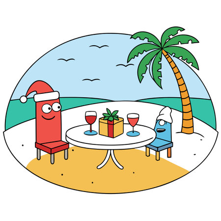 Christmas romantic dinner with gifts on a tropical beach background. . AI generated. Vector iconのイラスト素材