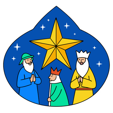 Christmas star on blue sky and three wise men. Christian illustration. AI generated. Vector iconのイラスト素材