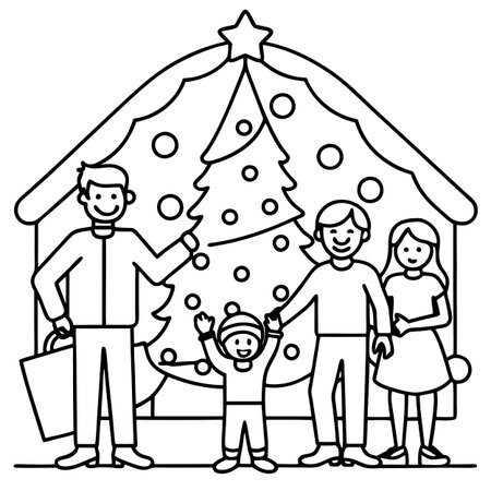 Family celebrating christmas new year and. Home holiday and Christmas tree. AI generated. Vector iconのイラスト素材