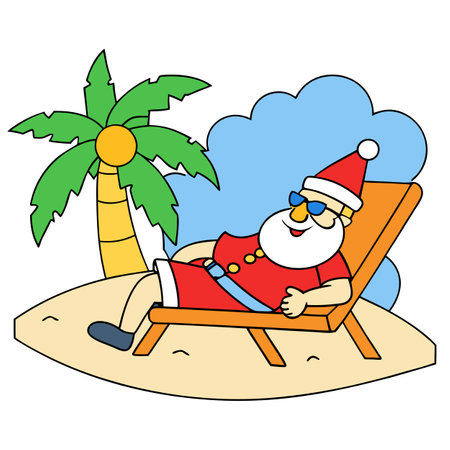 Father christmas relaxing on a tropical beach. Seasonal festive travel. AI generated. Vector iconのイラスト素材