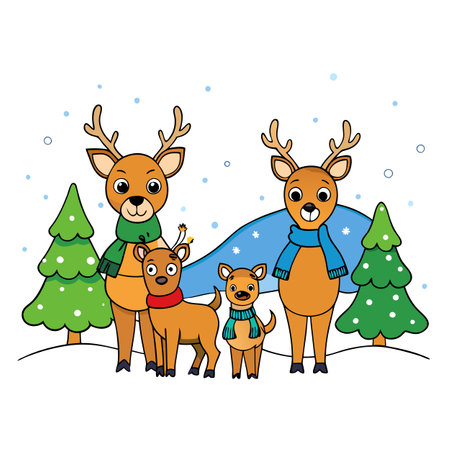 Festive Deer Family in Snowy Forest - New Year's Celebration - . AI generated. Vector iconのイラスト素材