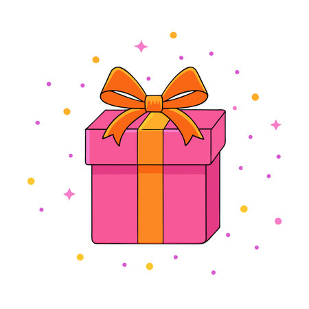 Illustration of pink gift with bright orange bow and ribbon placed on pink background near confetti. AI generated. Vector iconのイラスト素材