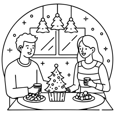 Happy young couple having dinner at home for Christmas. AI generated. Vector iconのイラスト素材
