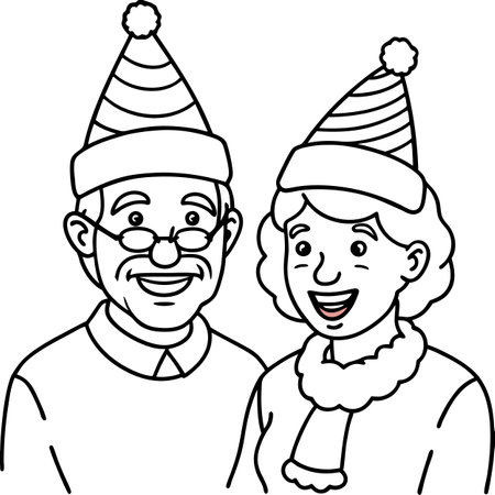 Images of happy senior couple wearing red cone caps while celebrating Christmas together at home. AI generated. Vector iconのイラスト素材