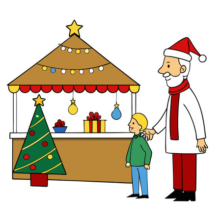 Grandfather and grandson looking Christmas decoration on a Christmas market. AI generated. Vector iconのイラスト素材