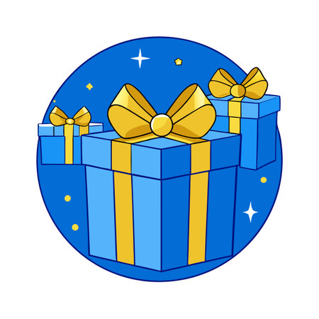 Illustration of blue gifts with golden bows and ribbons placed on blue background near stars. AI generated. Vector iconのイラスト素材