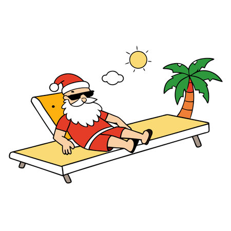 Funny Christmas scene of Santa Claus resting on sunlounger in a paradise beach.. AI generated. Vector iconのイラスト素材