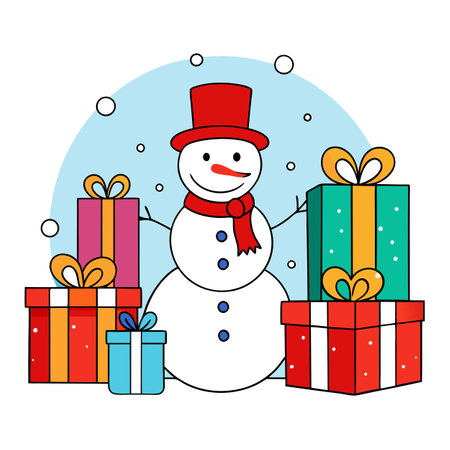 On a festive background. there is a happy snowman with gift boxes. . AI generated. Vector iconのイラスト素材