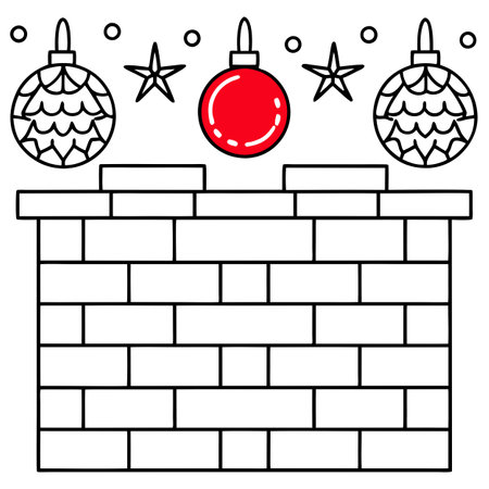 Red Wall Reverie. A Top-Down View of Christmas Festive Borders and Baubles. AI generated. Vector iconのイラスト素材