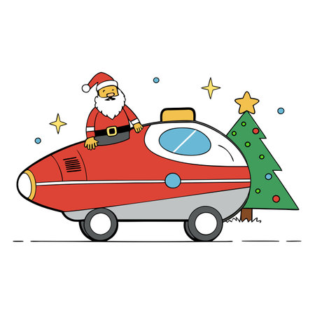 Santa claus with christmas tree in a futuristic vehicle. retro christmas postcard. . AI generated. Vector iconのイラスト素材