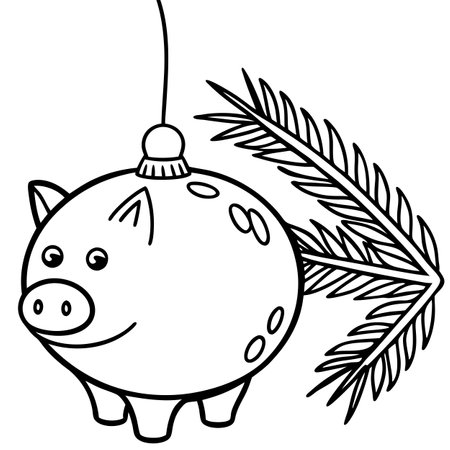 Piggy bank christmas decoration hanging on a Christmas tree branch. Seasonal savings and costs. AI generated. Vector iconのイラスト素材