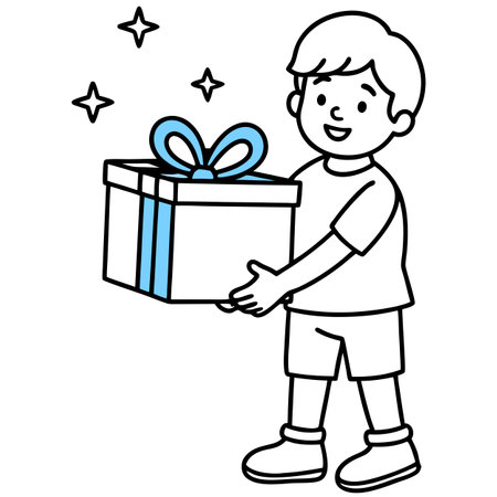 Small boy on a blue background holding a big gift box holiday surprise. compliment. generated by AI. AI generated. Vector iconのイラスト素材