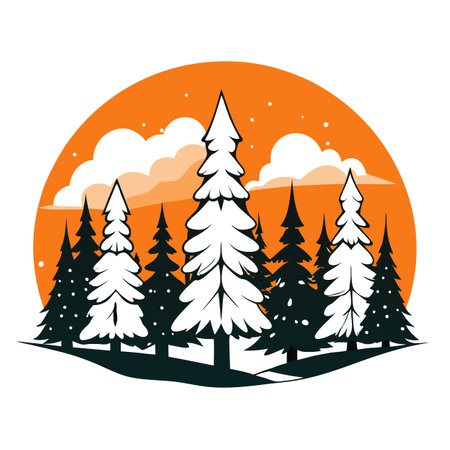 Winter Trees Silhouetted in Orange Fog. Dramatic. Snow covered Woodland scene. Seasonal Banner.. AI generated. Vector iconのイラスト素材