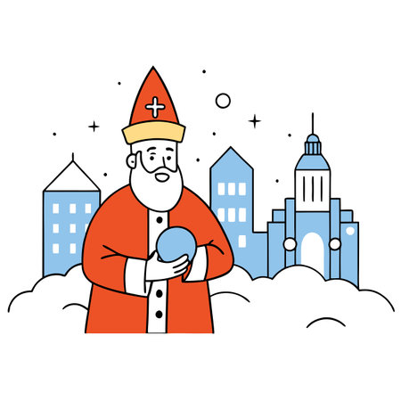 The magician. Saint Nicholas. holds a magic ball in his hands against the backdrop of a snowy city.. AI generated. Vector iconのイラスト素材