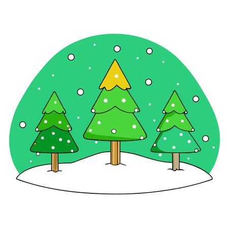 Simple cartoon new year trees on christmas snowing green background. AI generated. Vector iconのイラスト素材