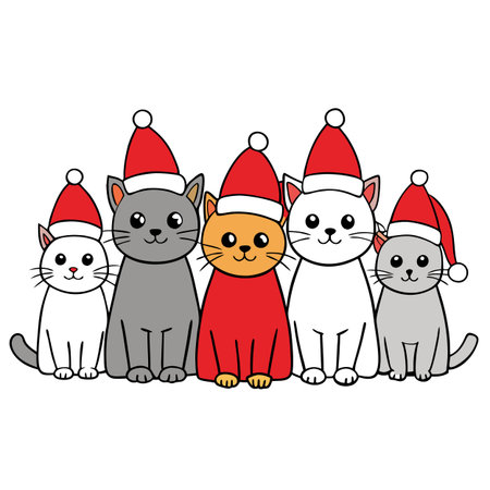 Set of cats with santa claus hat. christmas cat isolated on transparent background - . AI generated. Vector iconのイラスト素材
